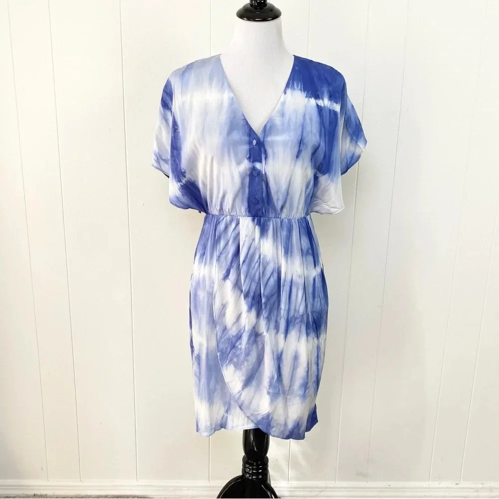 Alice‎ + Olivia Size XS Silk Tie Dye Cloud Print Flowy Button Dress Blue White